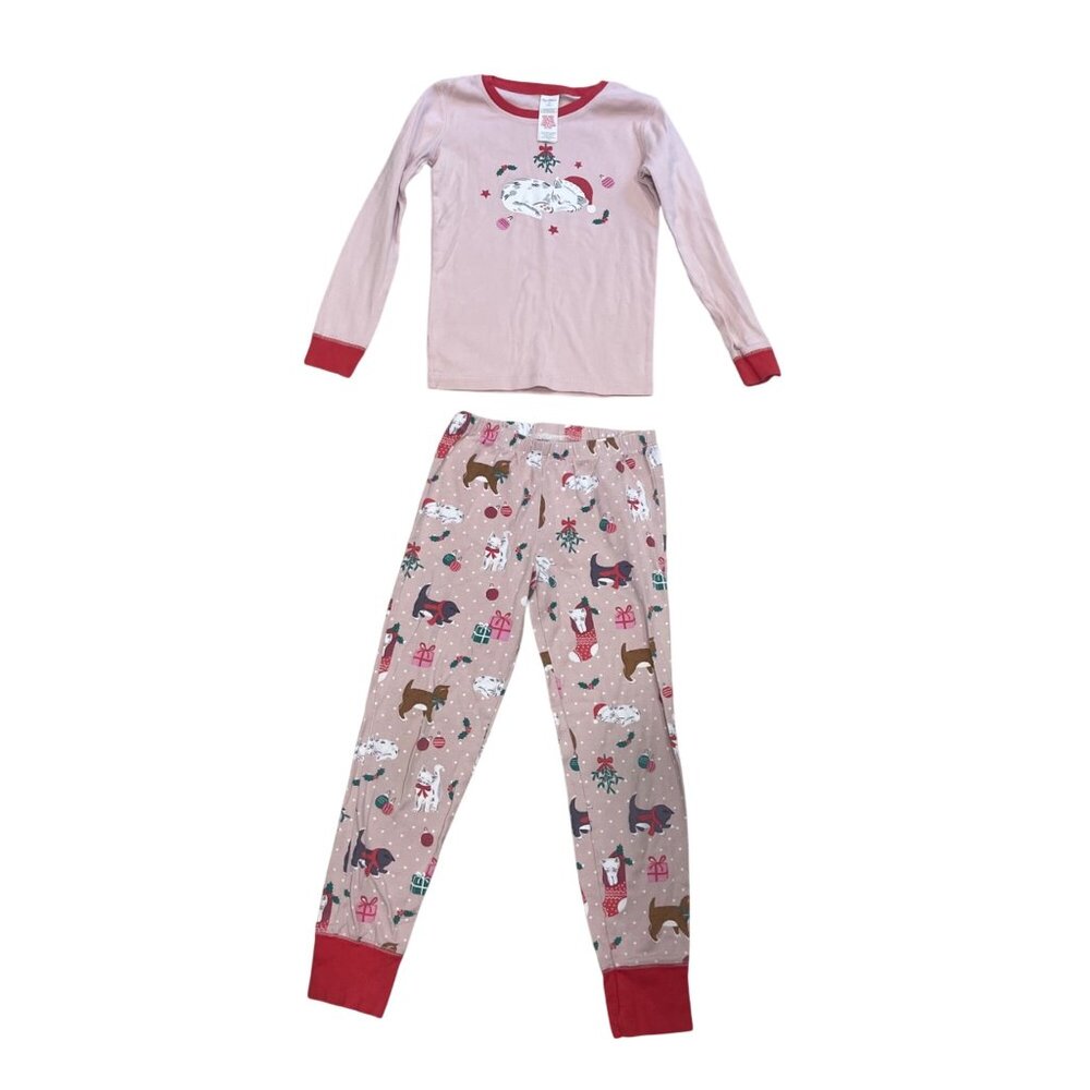 Mini Boden Christmas Pajama Set Girls Size‎ 8Y 100% Cotton Knit Holiday Cat Pink